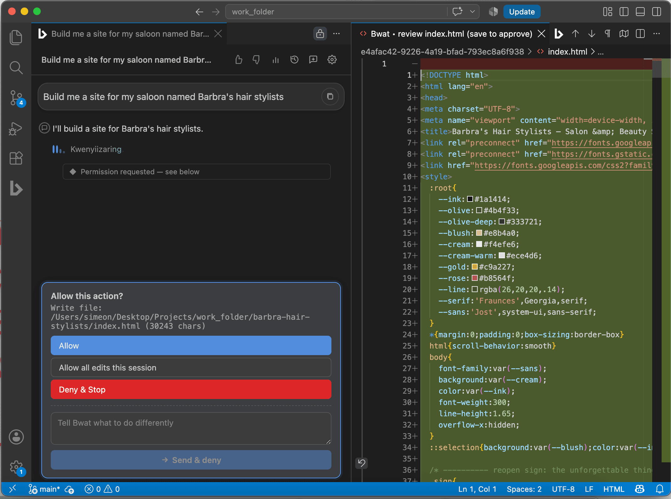 Bwat carrying out a multi-file task inside VS Code