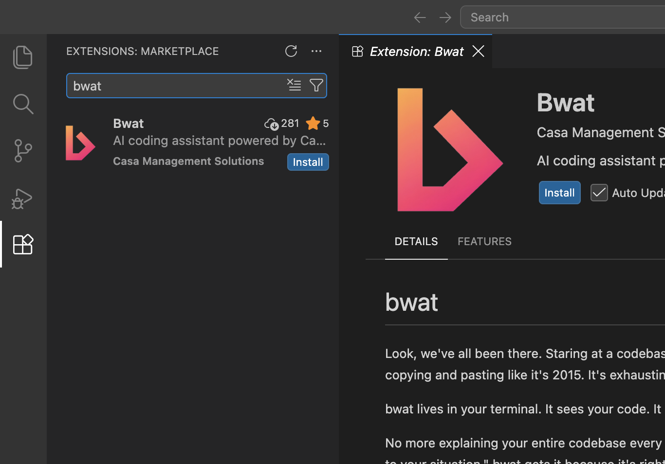 Tap on Install to install Bwat in your VS code